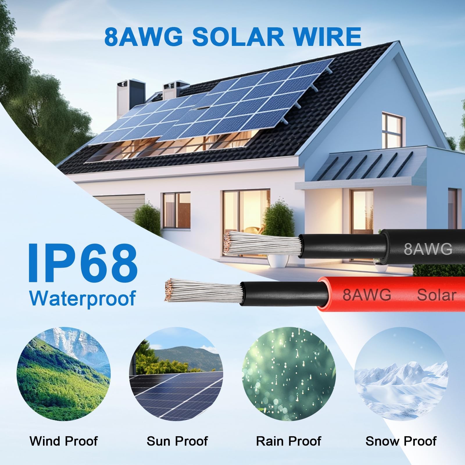8AWG Solar PV Wire Extension Cable 10mm 60FT Red Black Tinned Copper Outdoor