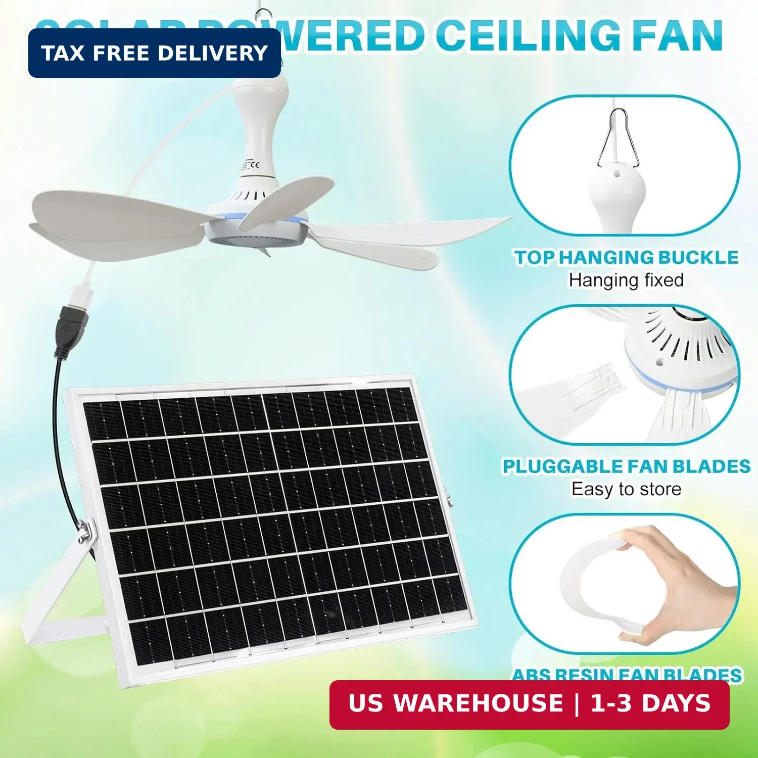 Tujoe 2 Set Solar Powered Ceiling Fan Kit for Outdoor,Portable 15W Solar Panel P