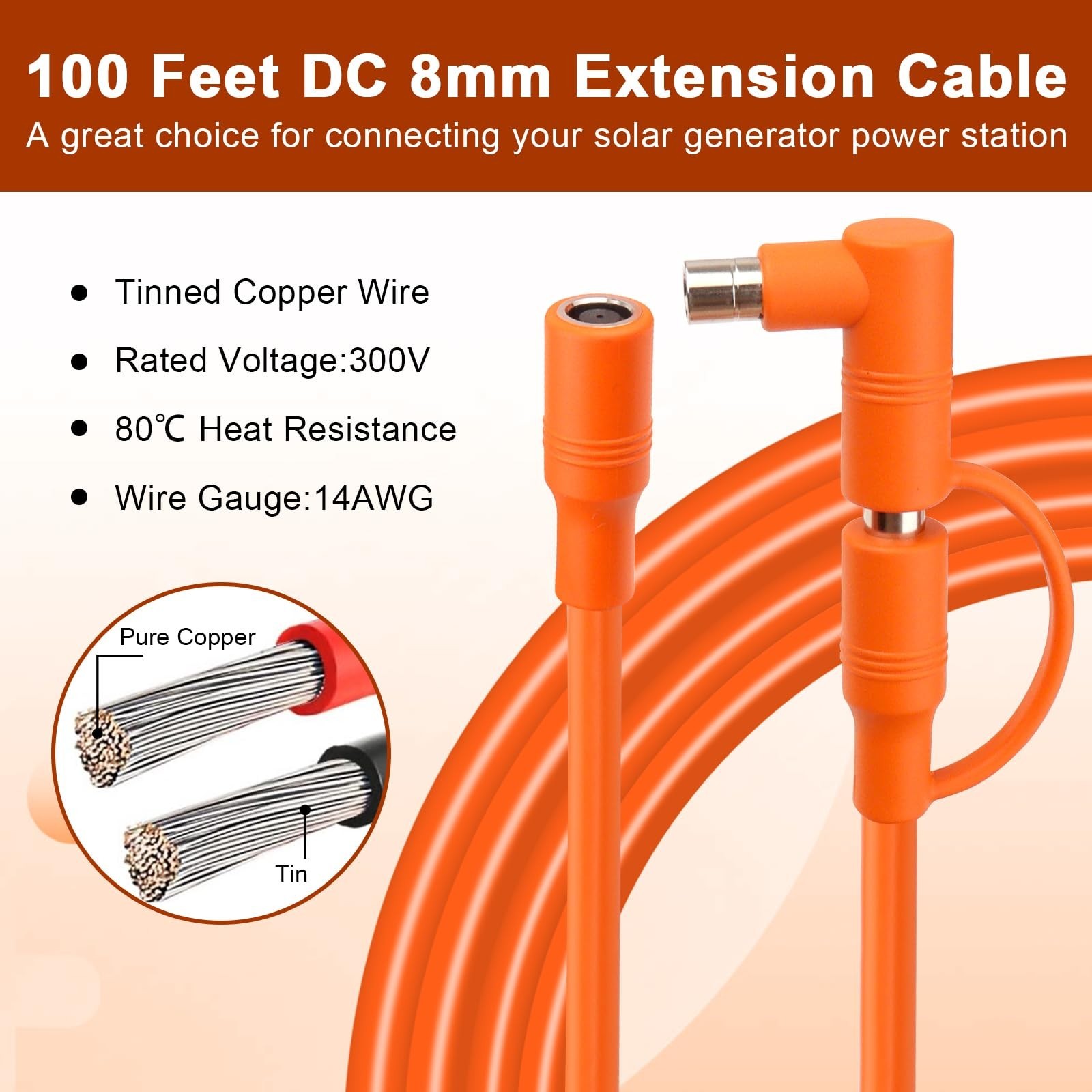 14AWG 100FT Solar Panel Extension Cable, DC7909 Female to Male with Adapter, Com