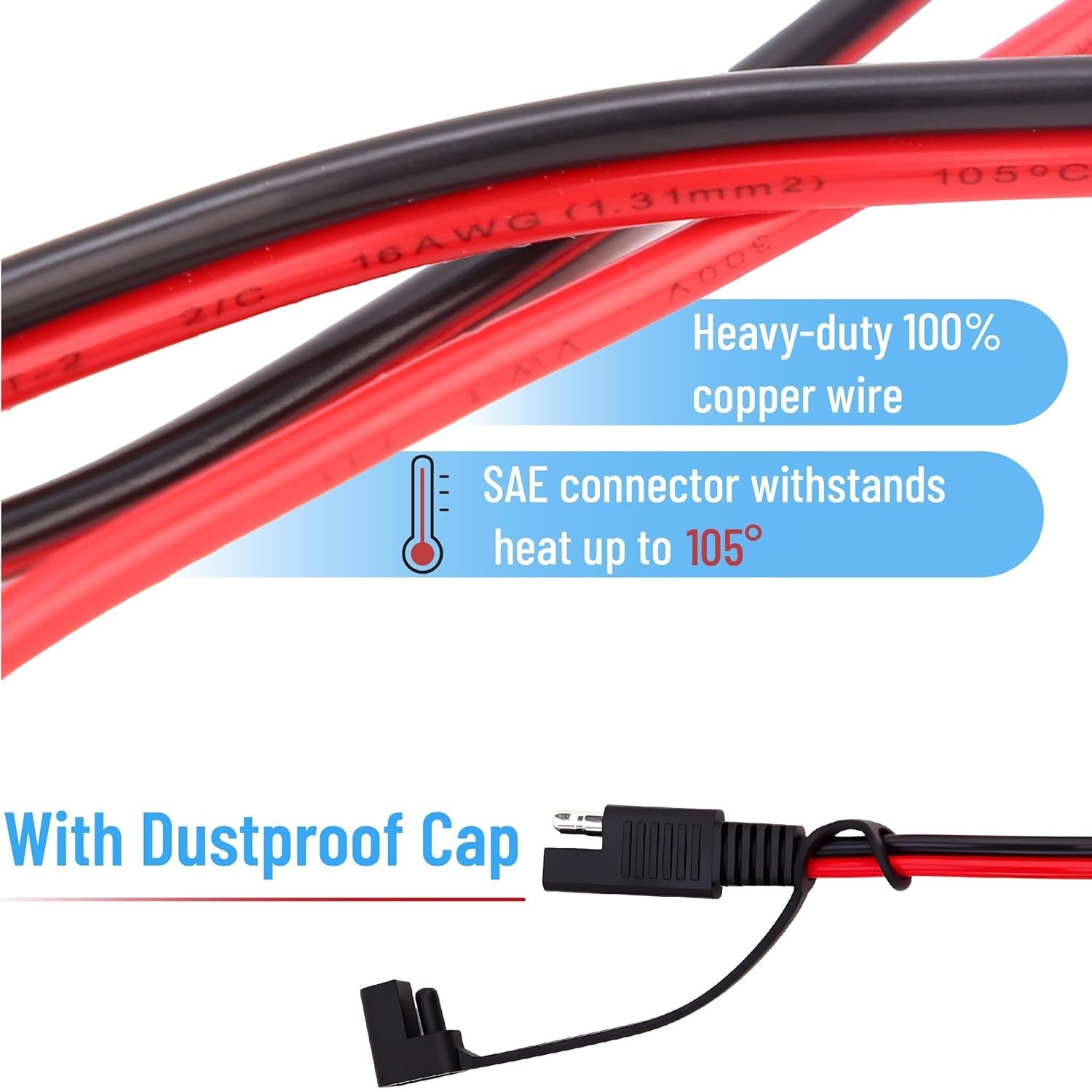 Bates 3FT SAE Extension Cable, 16 AWG, Quick Connect for Solar & Battery Use