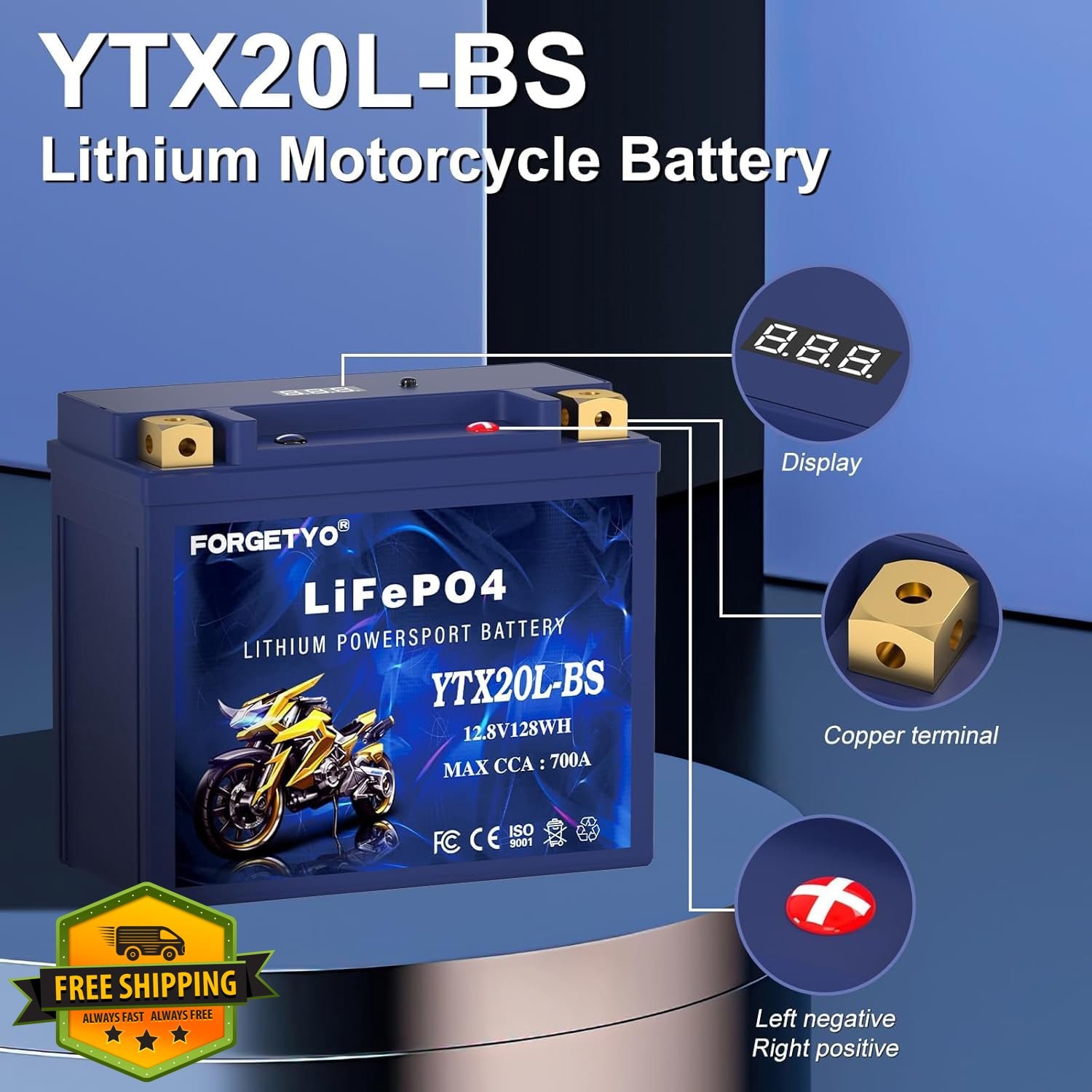 Forgetyo YTX20L-BS Motorcycle Battery Blue LiFePO4 700A ATV Jet Ski
