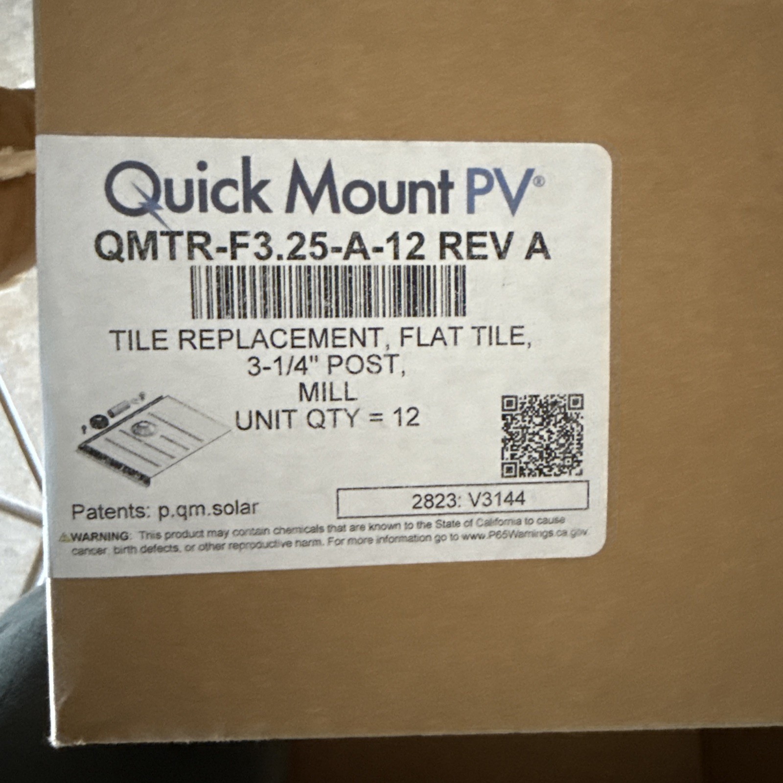 Quick Mount PV QMTR-F3.25-A-12 Flat Tile Replacement Mount w/ 3-1/4-inch Post 12