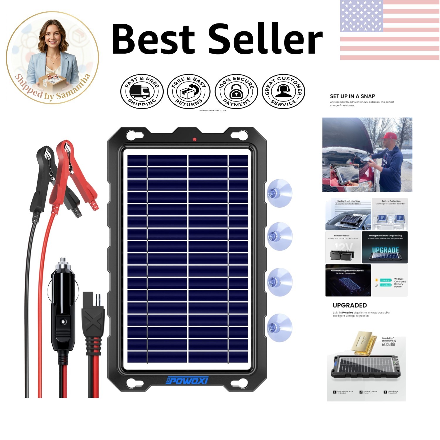 Upgraded 7.5W Waterproof Solar Battery Charger & Maintainer for All 12V Vehicles
