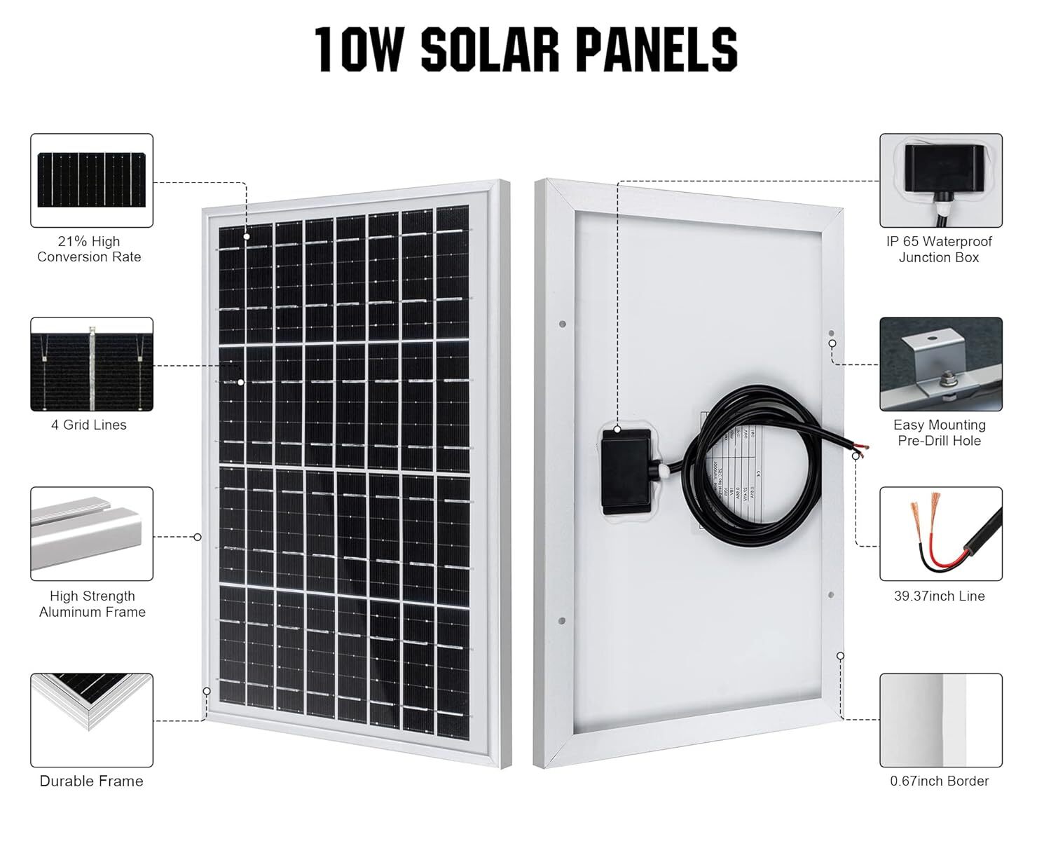 10W Monocrystalline Solar Panel 40Wh Waterproof For 12V Battery Charging”