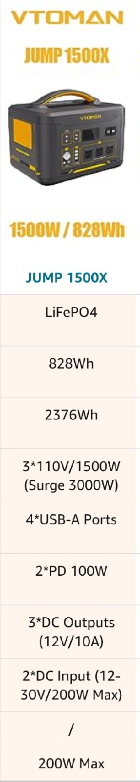 VTOMAN Jump 1500X USB Portable Power Station, 828Wh LiFePO4 Generator MSRP $1499
