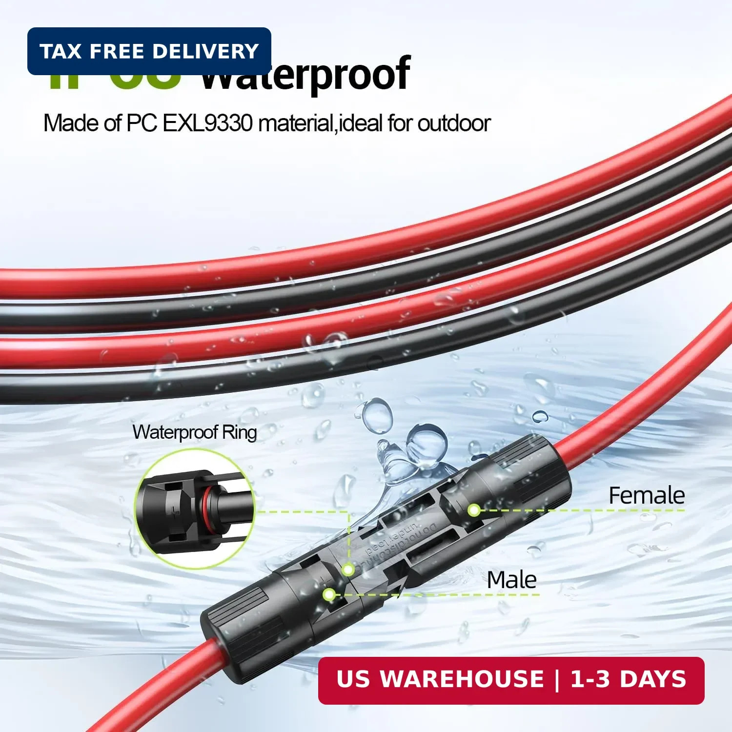 30FT 10AWG Solar Extension Cable, 10 Gauge Solar Panel Wire with Female and Male