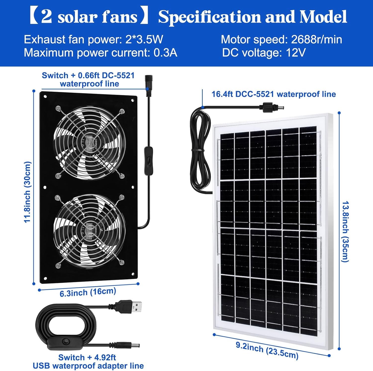 Solar Exhaust Fans & Powered Fan with 15W Panel & 2-Pack High-Speed Brushless DC