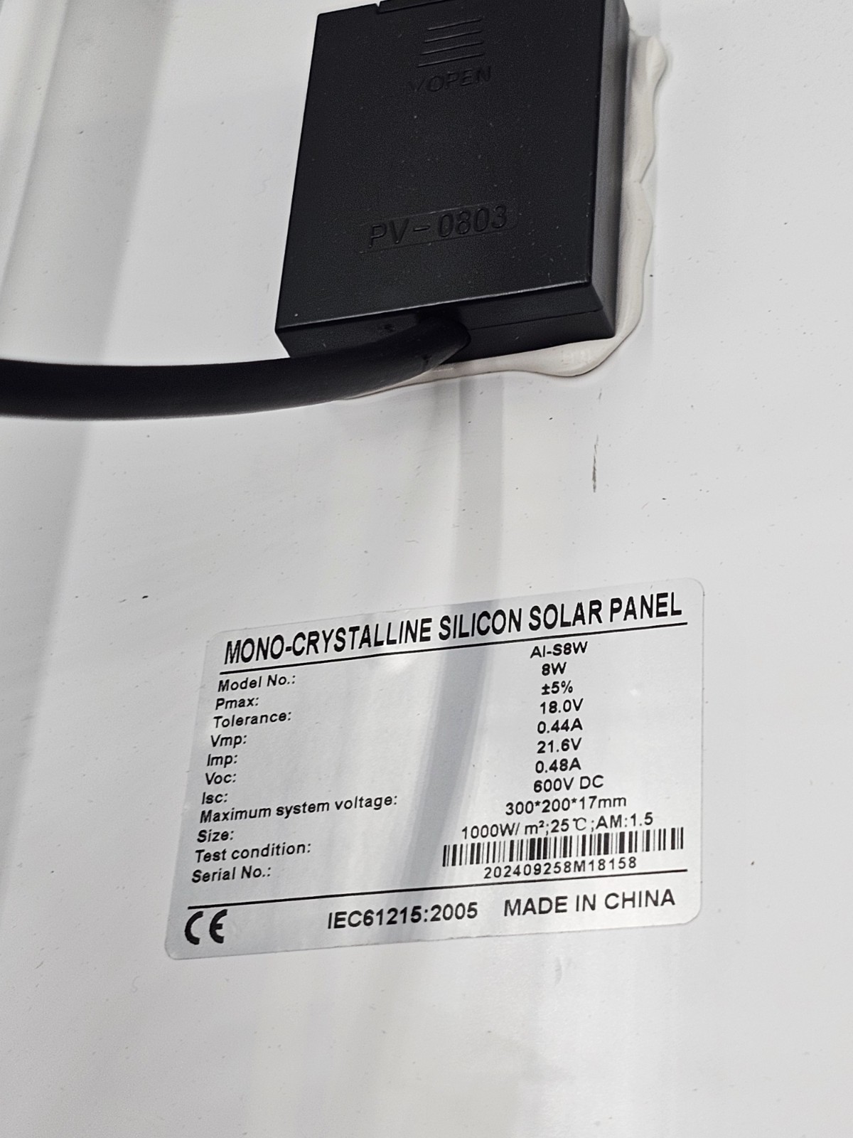 AI-S8W 8W Solar Panel, Size 300x200x17mm Mono-Crystalline Silicon Solar Panel