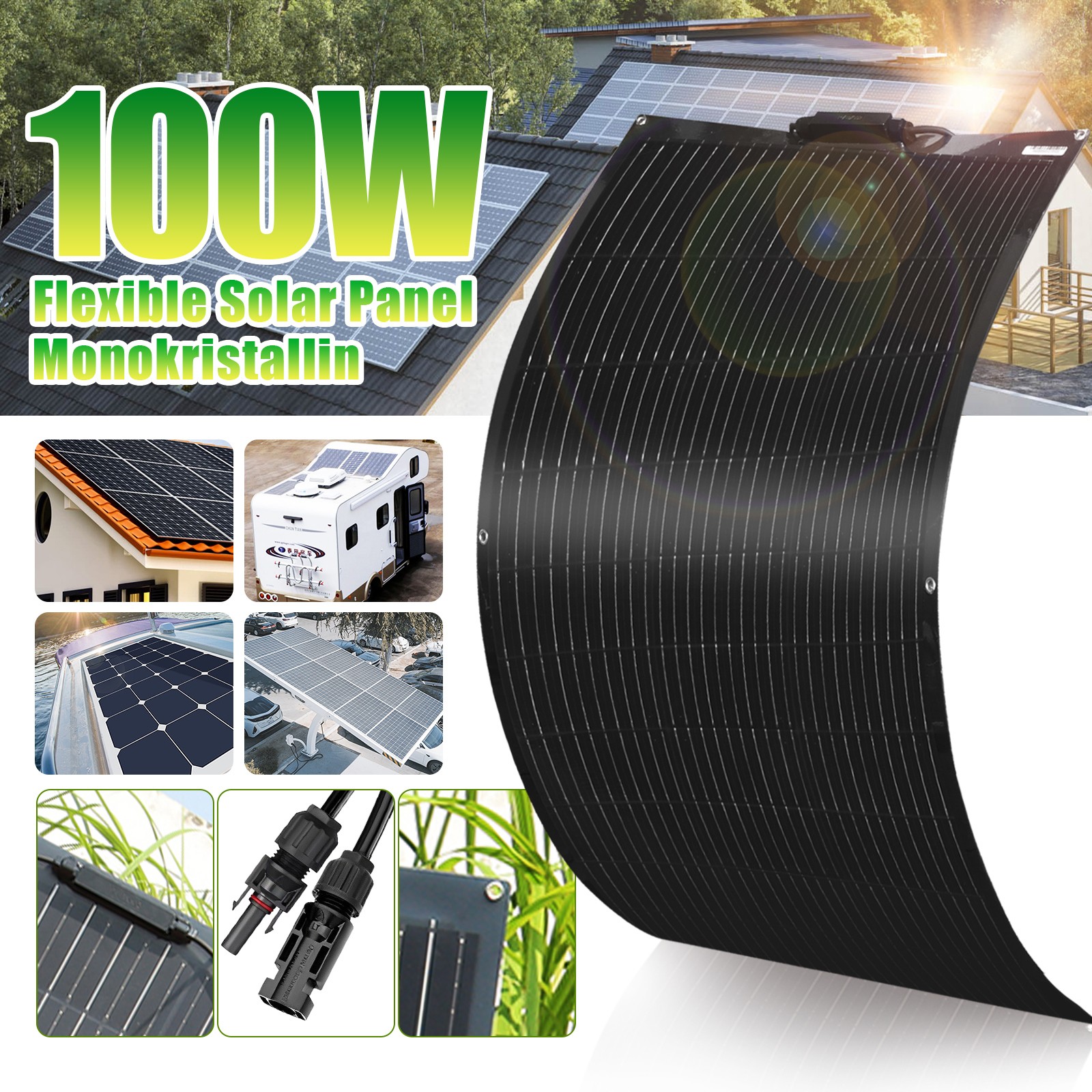100W Watt Flexible Solar Panel 12V Mono Bendable Off-Grid Power Charger for Boat