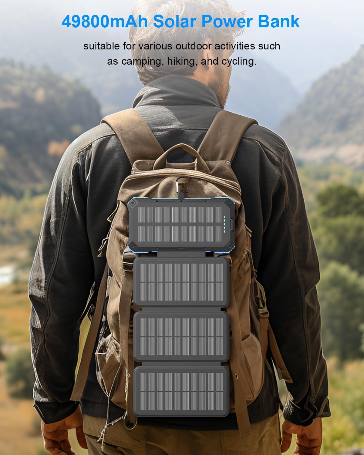 Kepswin Solar Charger Power Bank 49800mAh with 4 Built-in Cables & 3 Foldable Pa