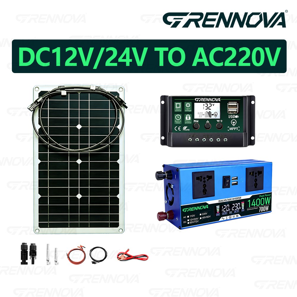 Grennova 1400W Solar Kit 80W Mono 60A MPPT 12/24V 110/220V Inverter RV Home