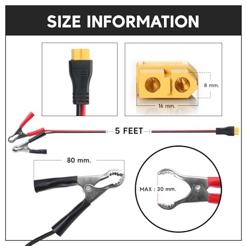 XT60 Connector Cable to Alligator Clip, 12AWG 12V Battery Clamp to 12AWG-5FT