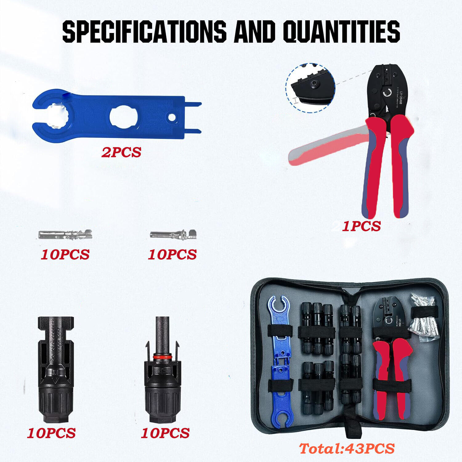 43/10PCS Solar Panel Cable Crimper Tool Kit for Solar Connectors, 10 Pairs Solar