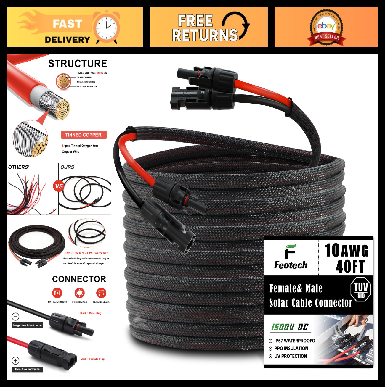 40FT Solar Extension Cable 10AWG 6mm² with IP67 Connectors for RV Boat Marine