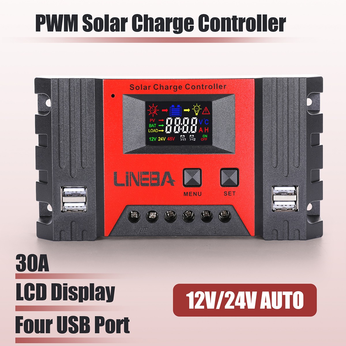 30A Solar Charge Controller PWM Regulator for 12V 24V Auto with 4 USB Ports LCD