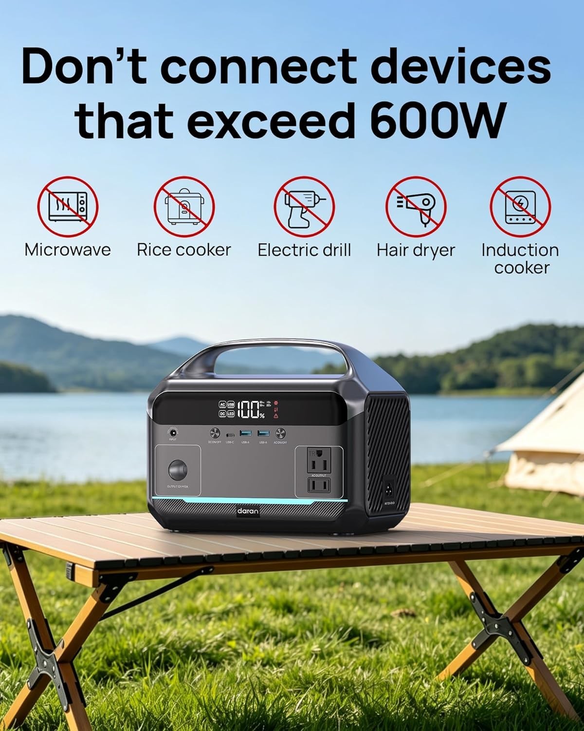 Portable Power Station 1200W Surge 288Wh LiFePO4 Battery Solar Generator with