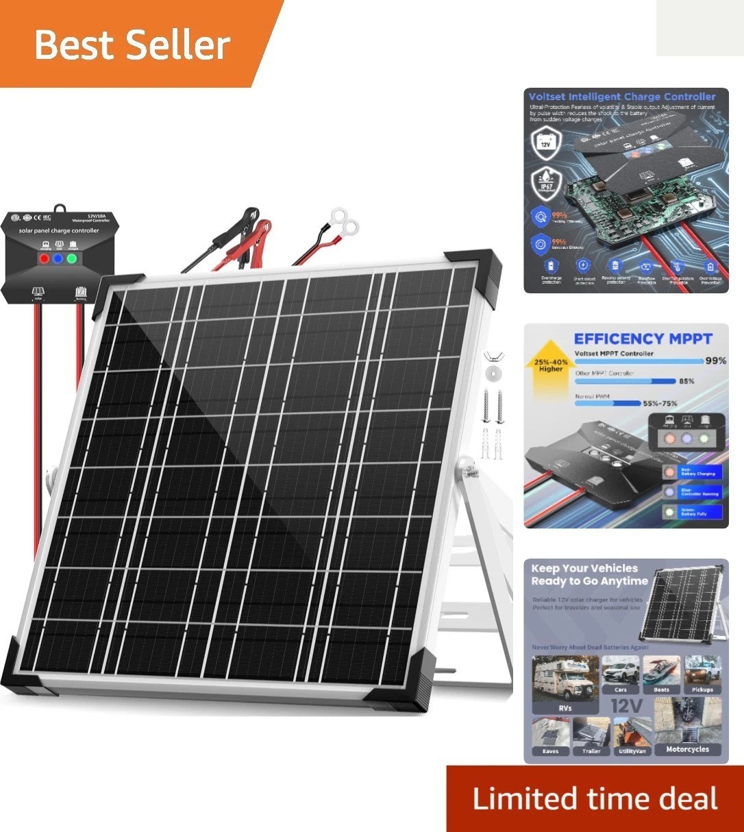 20W Waterproof Solar Charger with Smart MPPT for 12V Batteries – Efficient Power