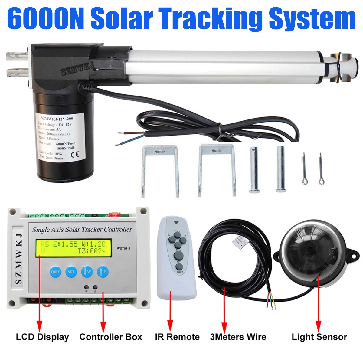 LCD Single Axis Solar Tracker Kit -12V 6000N 8″ inch Linear Actuator +Controller