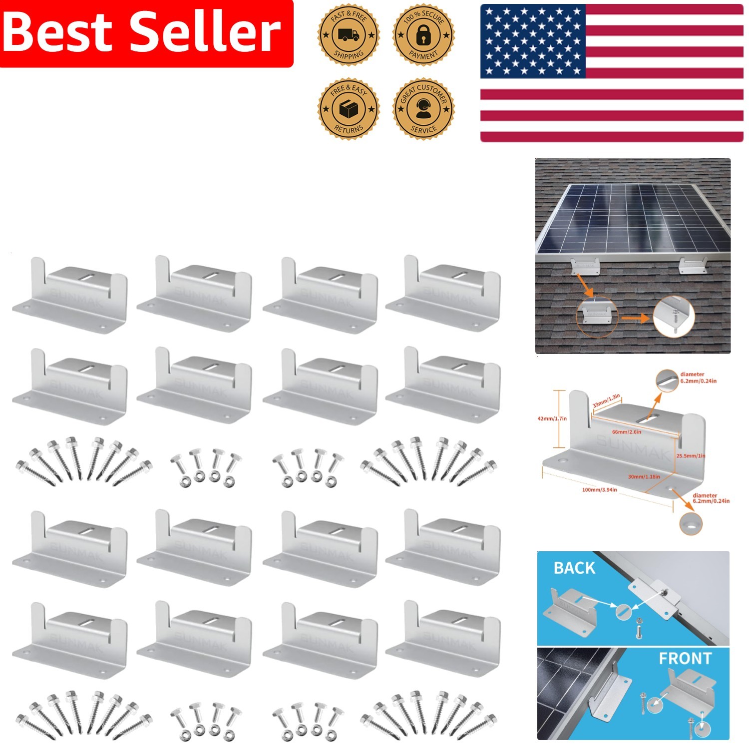 Lightweight Anodized Aluminum Solar Z Bracket Mounts 16 Units RV Boat Off-Grid