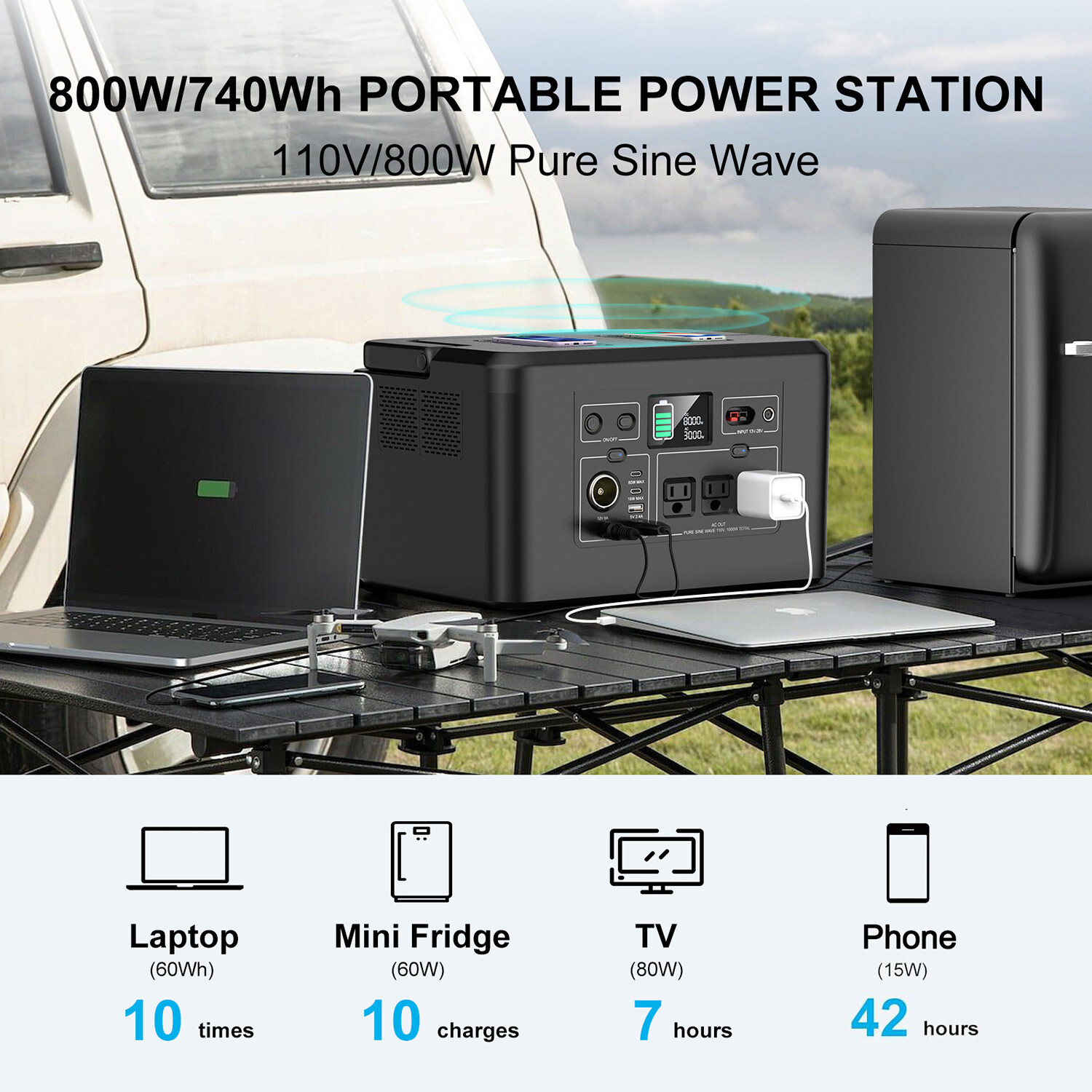 800W Portable Power Station Solar Generator for Camping with 100W Solar Panel