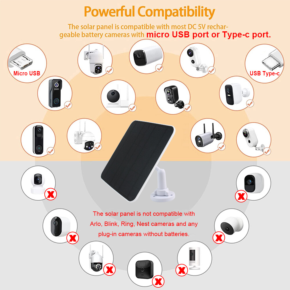 5W Solar Panel Charger for Ring Video Doorbell 4/3/2 Solar Charger w/Power Cable