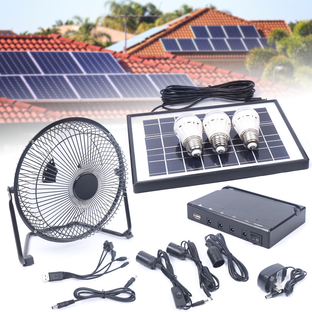 Solar Power Energy Lighting System Kit Set W/ 3 LED Lights, 1*Fan, 1 Solar Panel