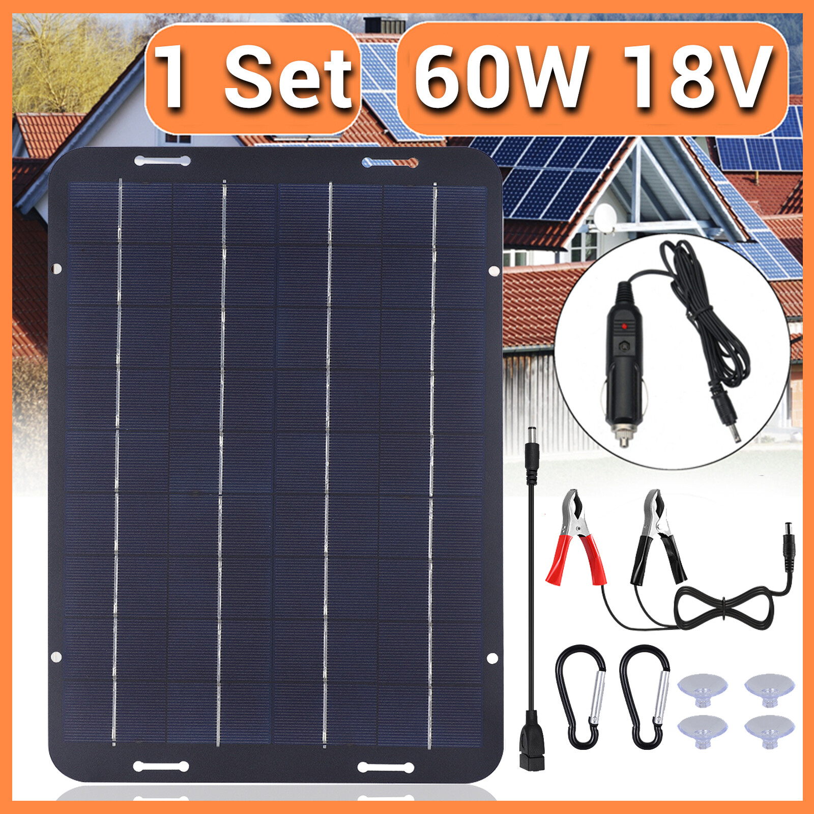 60W Solar Panel 18V Trickle Charger Battery Charger Kit Maintainer Boat Car RV