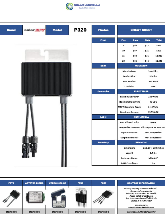 Brand New Solaredge P320 Optimizers Lots of 5!!
