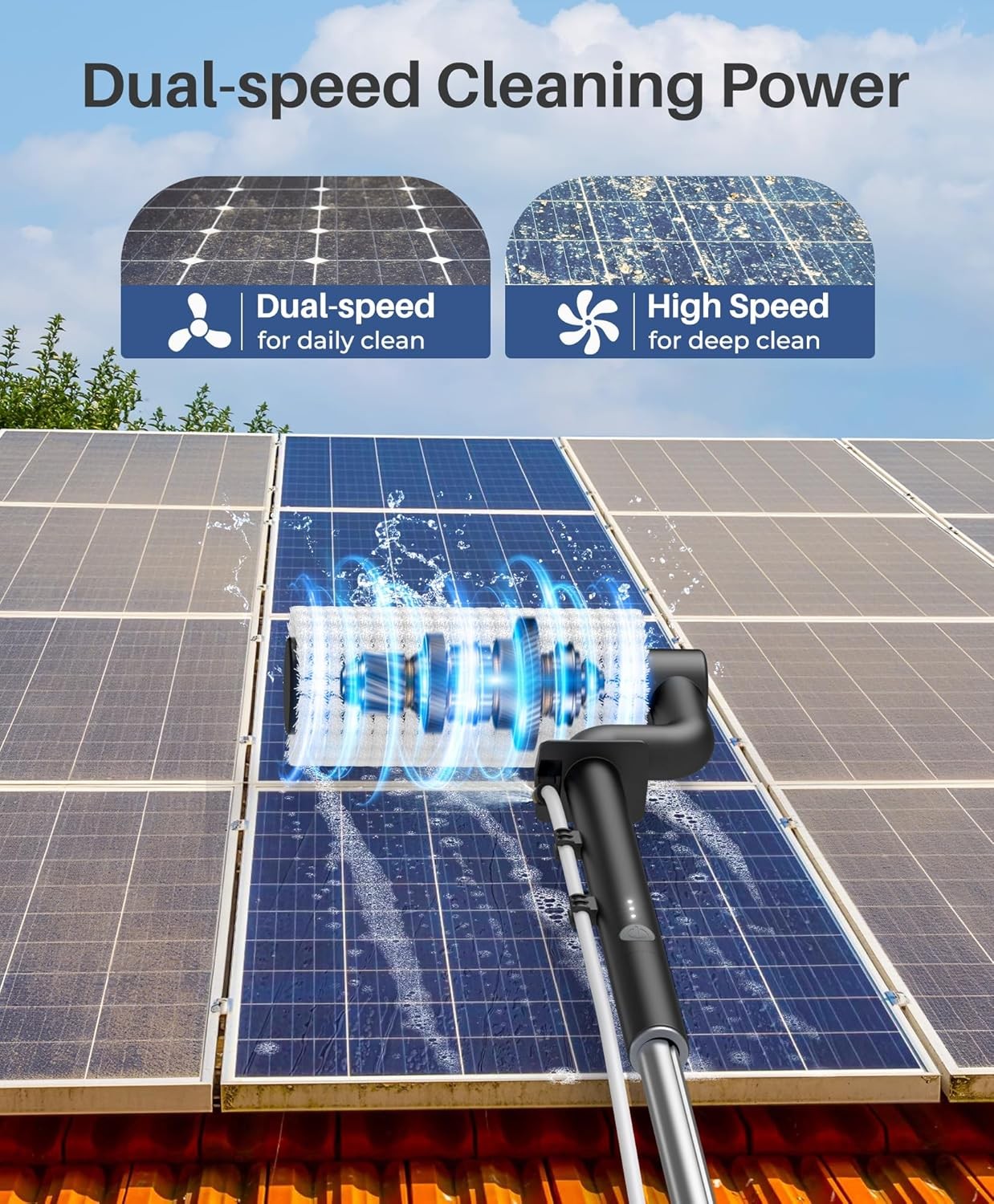 20ft Electric Solar Panel Cleaning Brush Kit Water Fed Pole 2 Speed Soap Dispens