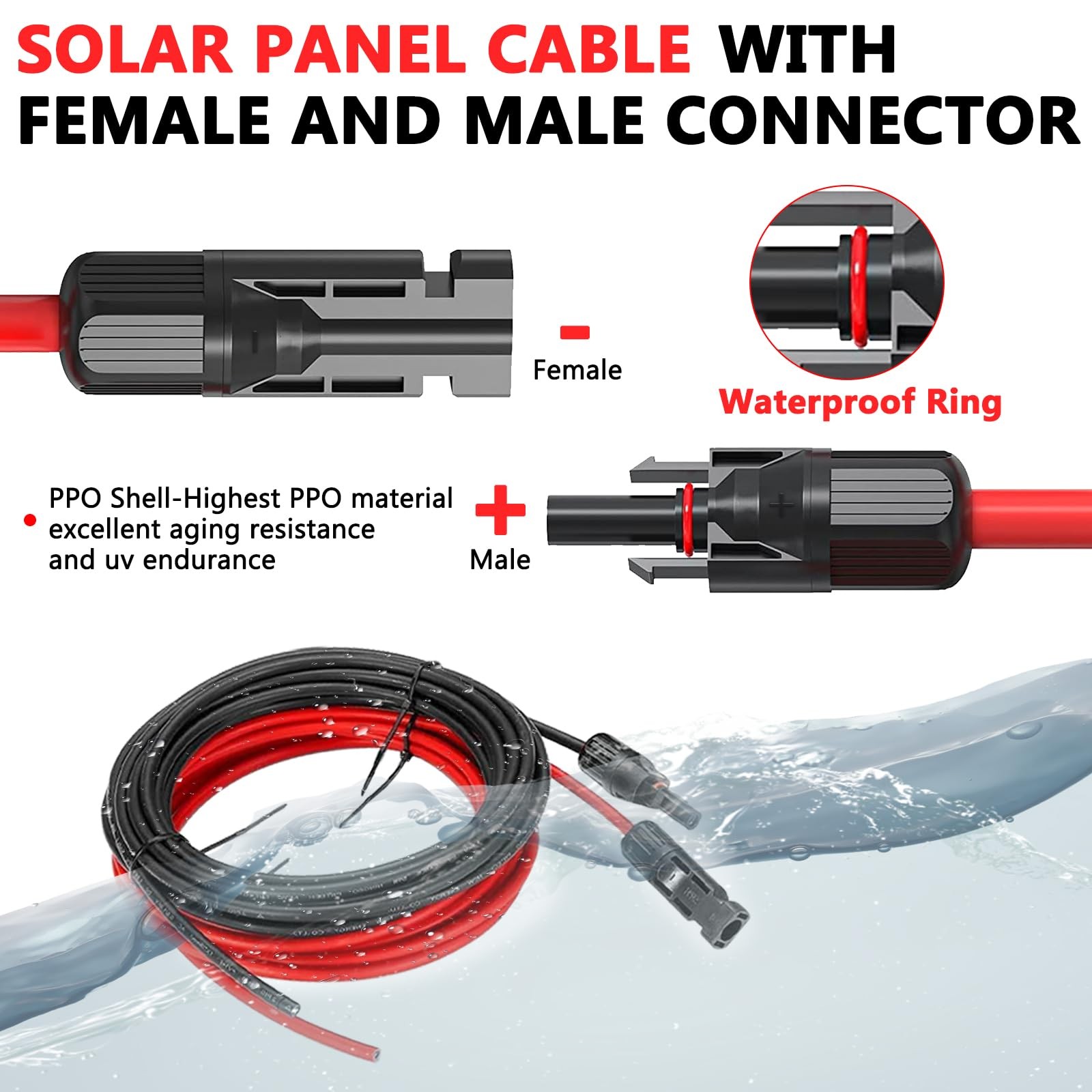 2×30 Feet Solar Panel Extension Cable- 10AWG Solar Cable Solar Panel Cable wi…