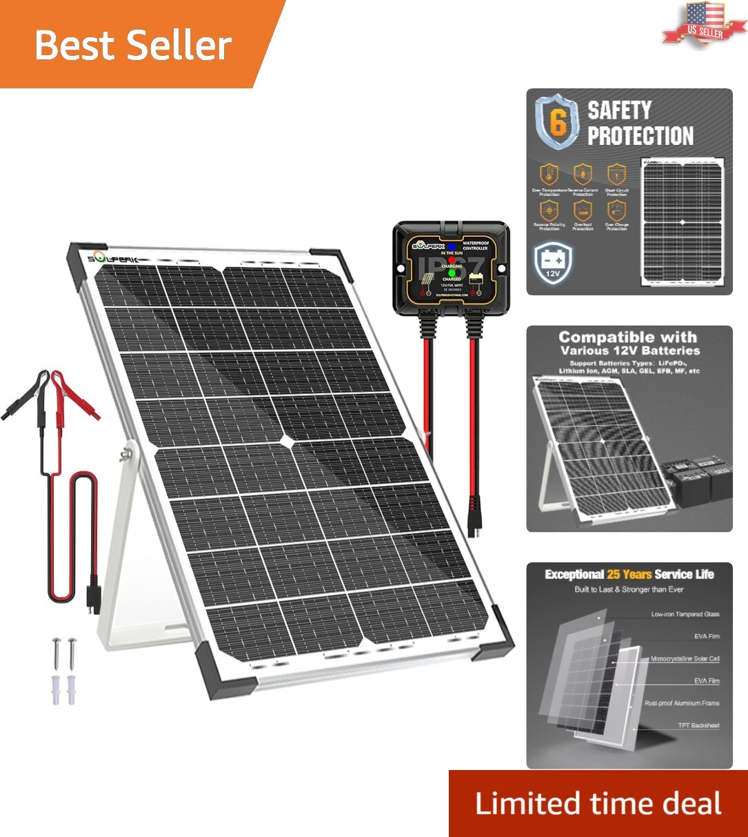 Versatile 30W Waterproof Solar Battery Charger with 10A MPPT Charge Controller