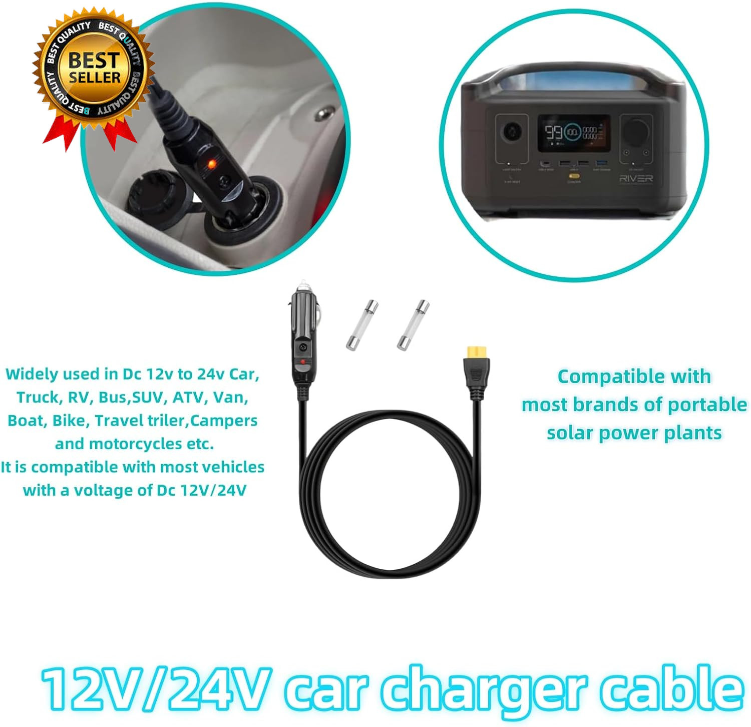 6.8FT Portable12V 24V Car Charger Suitable Compatible Ecoflow Delta River Bluett