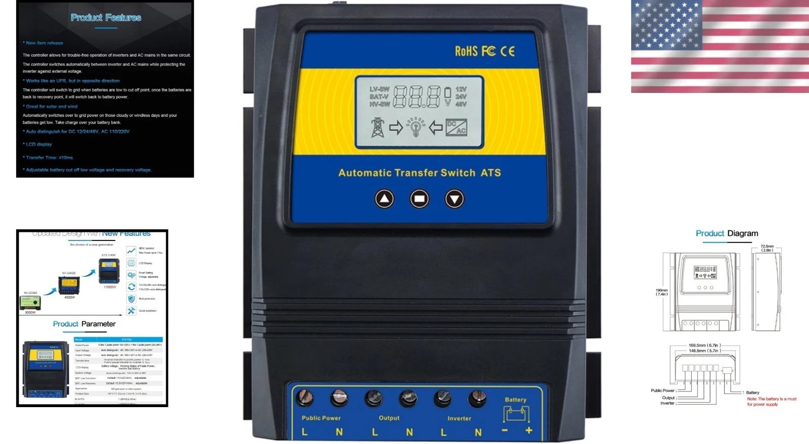 Smart Dual Power Controller with Fast Transfer Switch – 50A for Solar/Wind Use