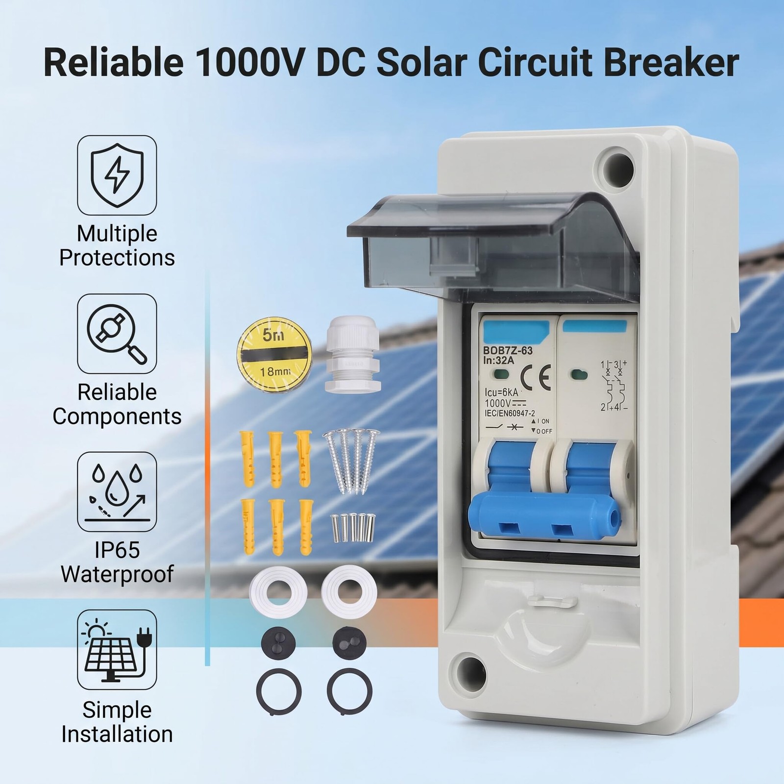 PV DC Circuit Breaker, 32A 6KA IP65 DC Isolator Switch DC Miniature Circuit B…