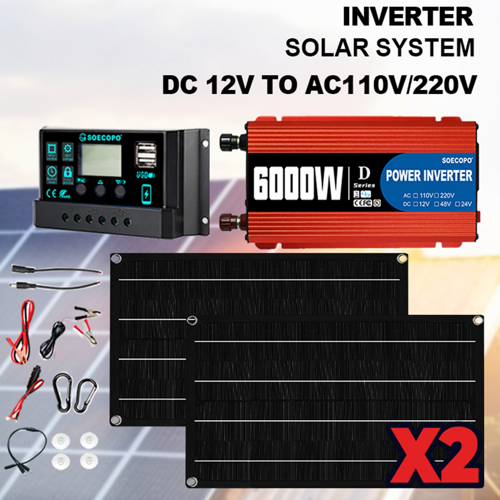 6000W Solar Kit DC12V-AC 110V/220V Inverter + 2pcs Solar Panels+ 100A Controller