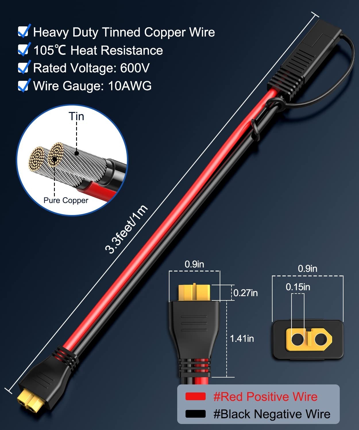 10AWG SAE to XT60 Connector Extension Cable – Solar Charger Adapter Kit for Powe