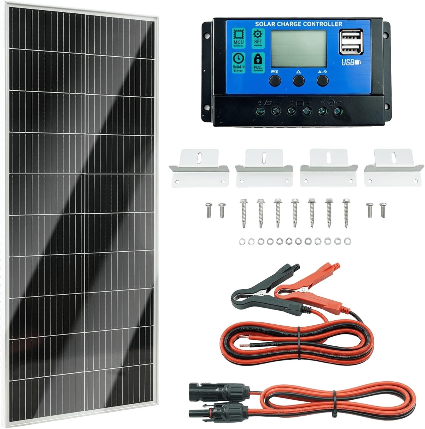 100W 12V Monocrystalline Solar Panel Kit w/ 20A PWM Charge Controller, Z Brac…