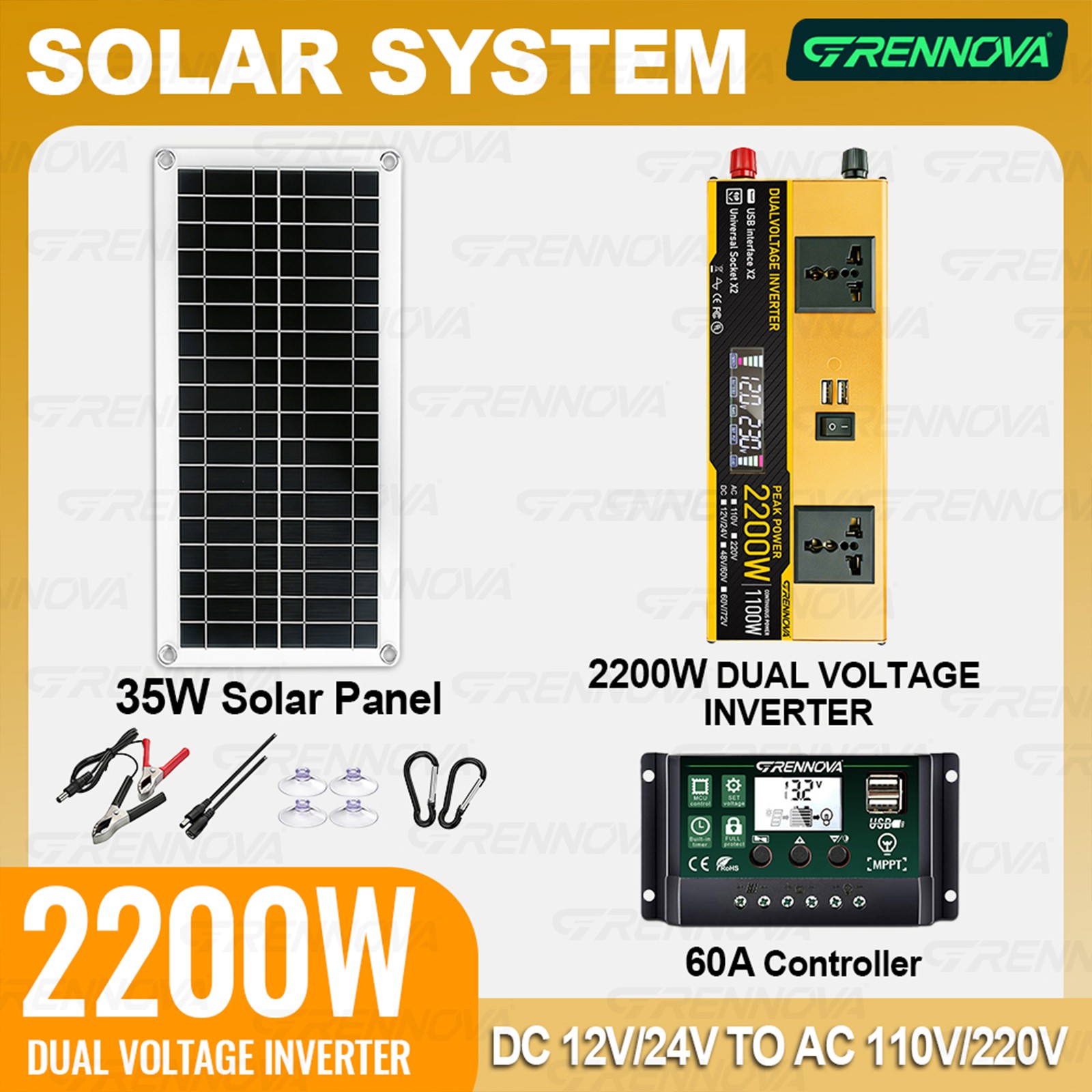 Grennova 2200W True Power Solar Kit 60A MPPT RV Home Off-Grid Backup