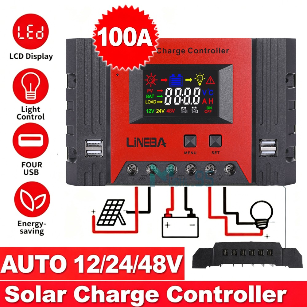 30A Solar Charge Controller 100A PWM Regulator for 12V 24V with 4 USB Ports