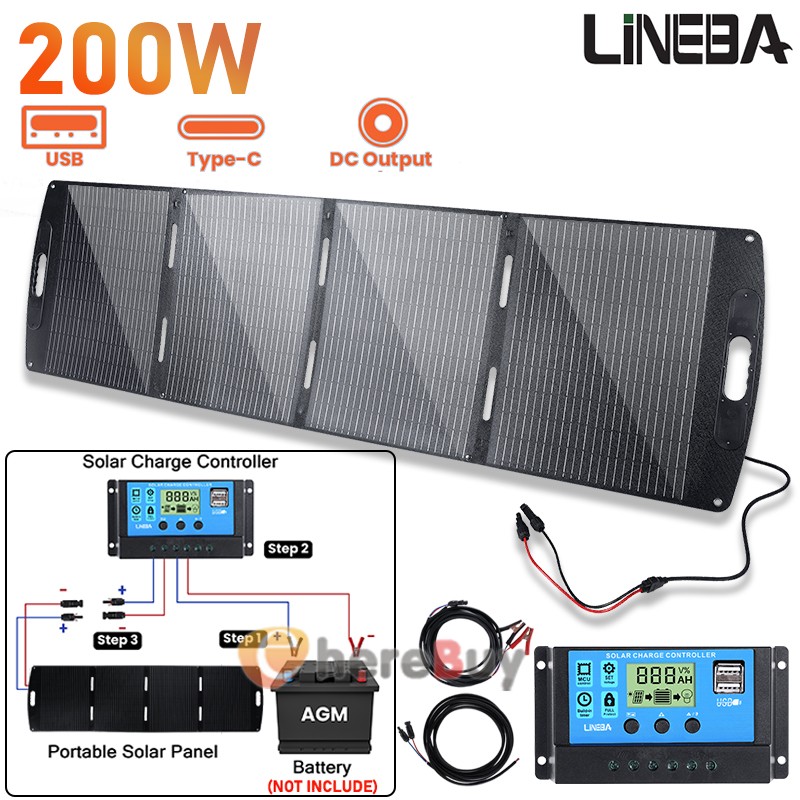 200W Foldable Solar Panel Solar Charger Off-Grid with USB-C, USB-A, DC Ports US