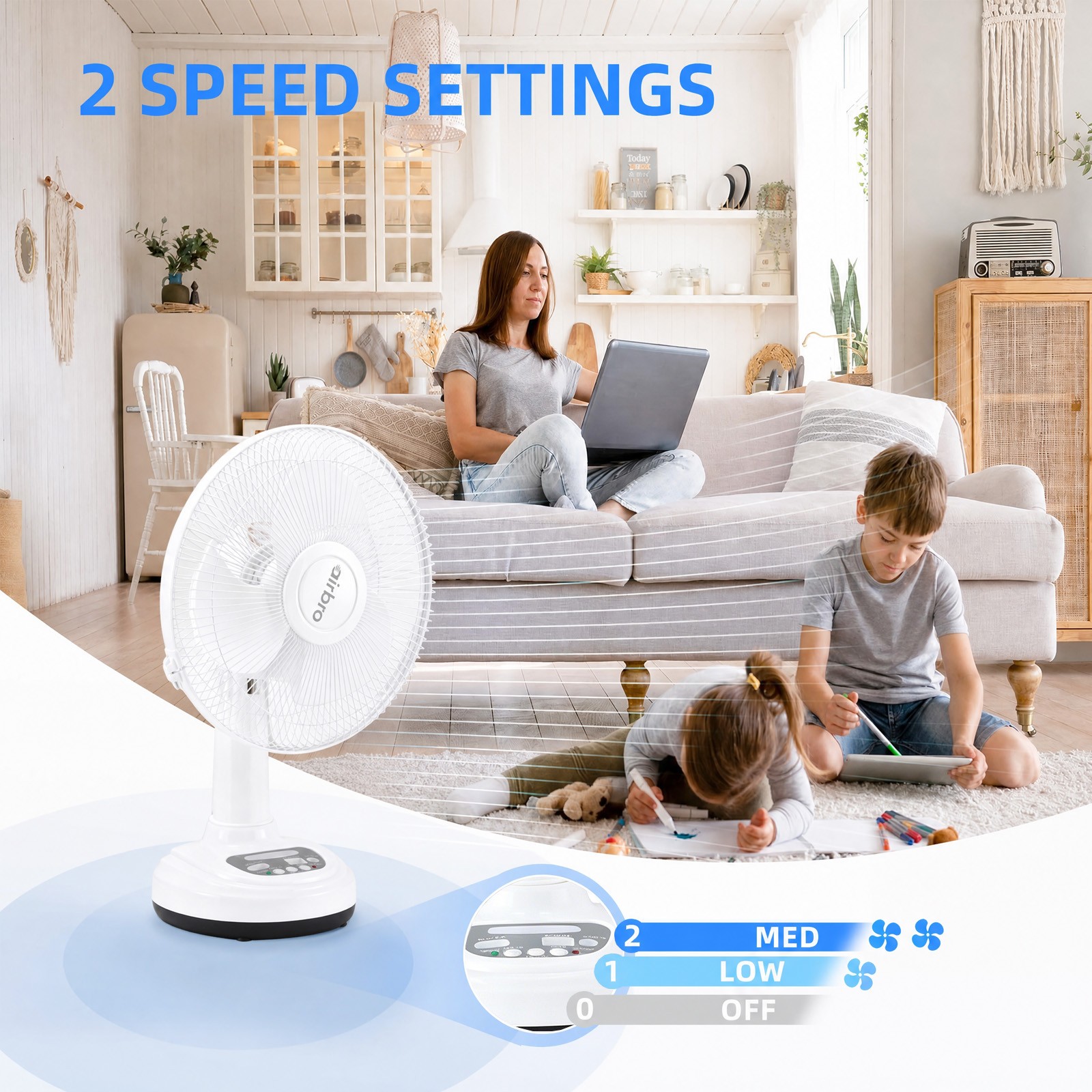Table Fan 2-Speed 12-Inch Rechargeable Solar Powered w/ Safety Grill & 2pcs Blub
