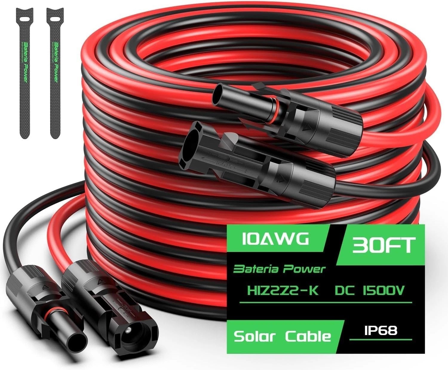 30FT 10AWG Solar Cable with Male & Female Connectors – Eco-Friendly