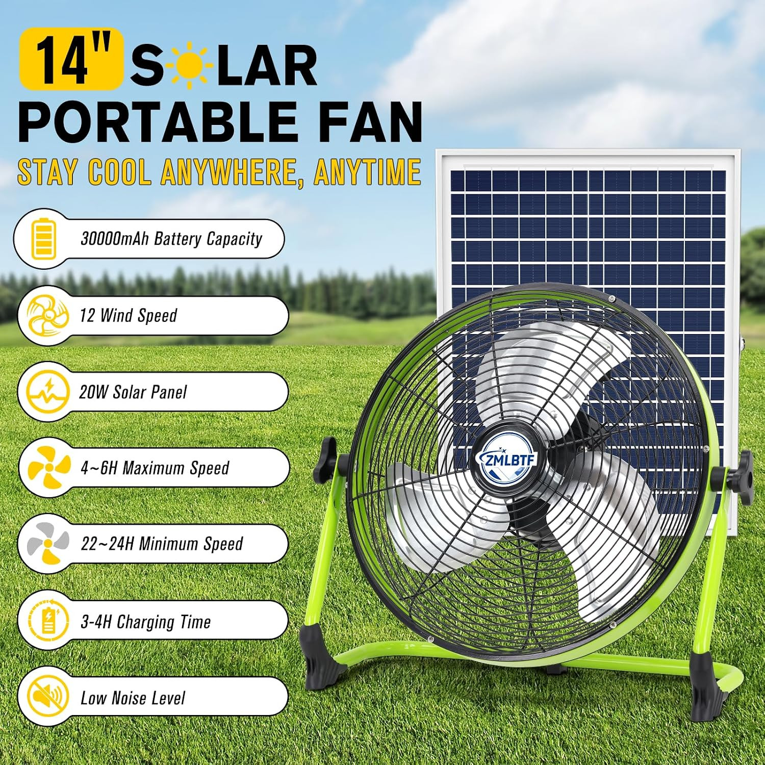 14″ Solar Powered Fan with 20W Solar Panel & Rechargeable Battery, Portable, Qui
