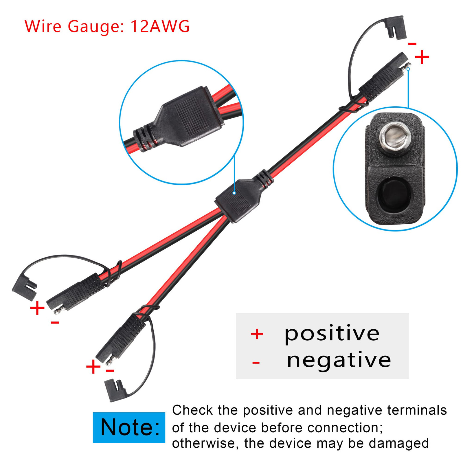 12AWG SAE Y Splitter 1 to 2 Extension Cable with Waterproof Cap 1Ft SAE to 2 …