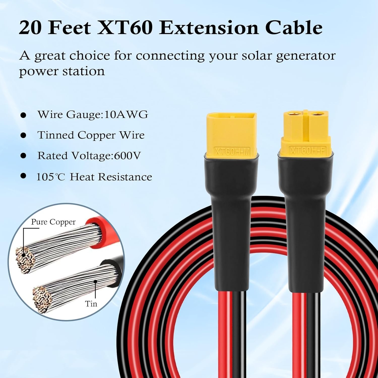Tinned Copper XT60 Extension Cord 20FT 10AWG for Solar Panel
