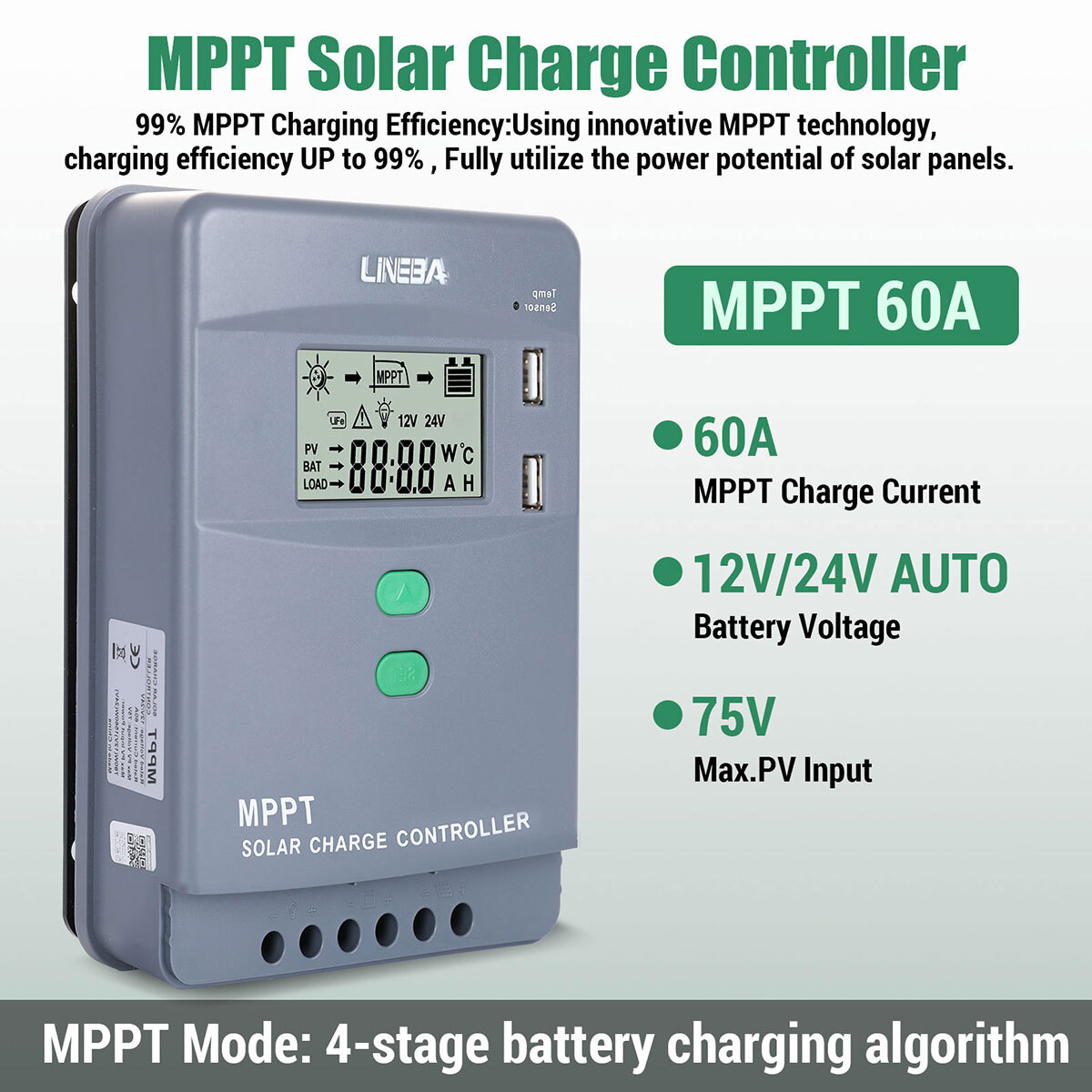 30 60 100Amp MPPT Solar Charge Controller 12V/24V/36V/48V DC Input LCD Regulator