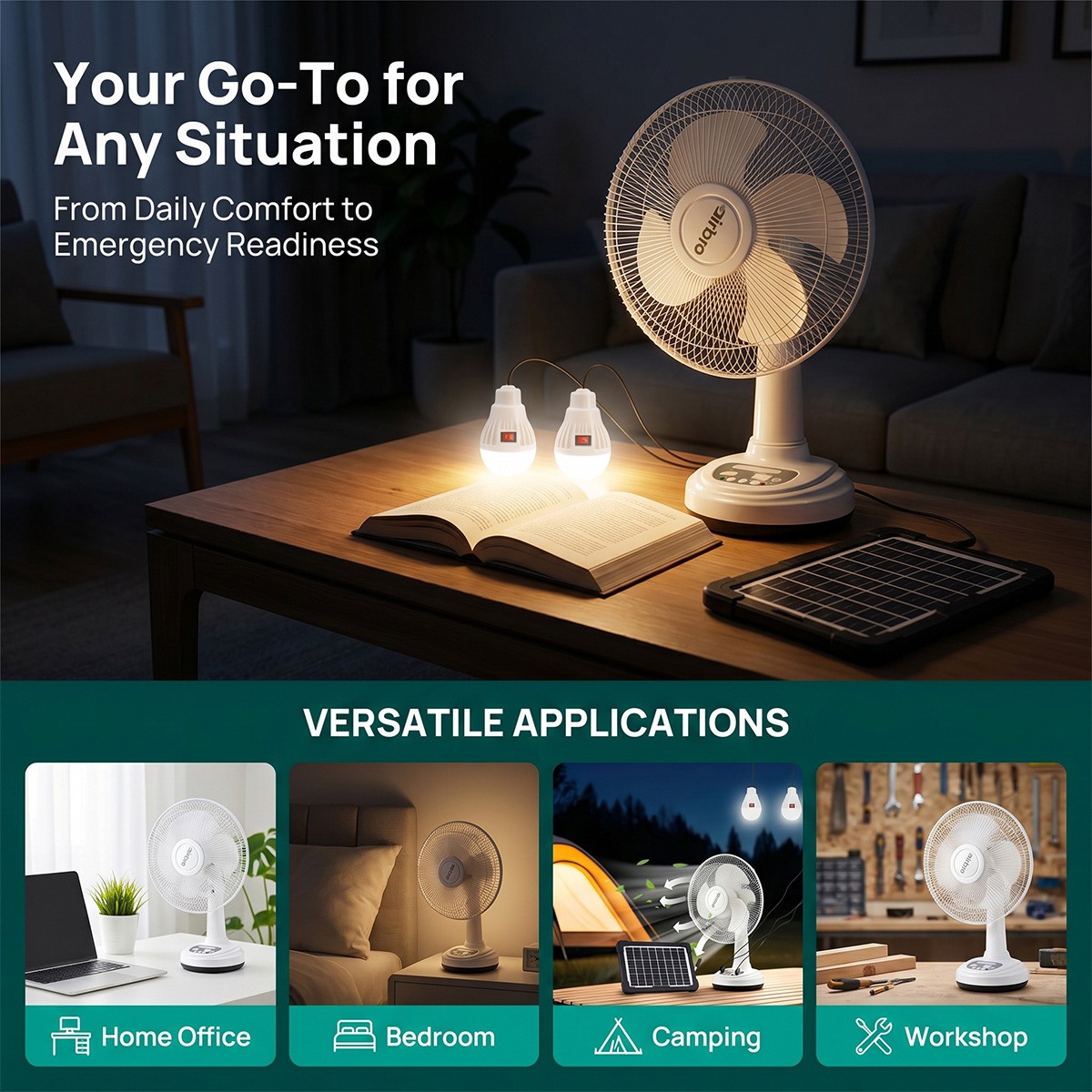 Portable Personal Desk Fan 2 Speed 12in Solar Rechargeable Fan w/ 2 Light Bulbs