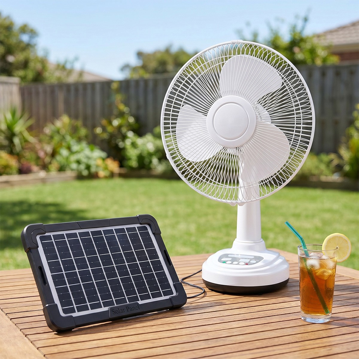 12″ Solar Rechargeable Desk Fan 2-Speed Portable Camping Fan + 2 LED Light Bulbs