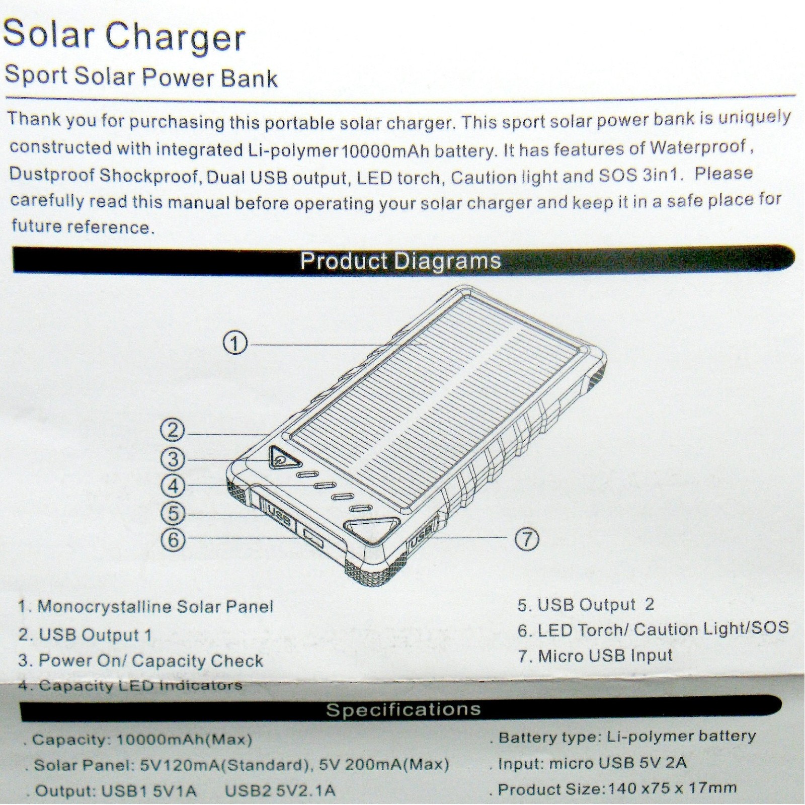 NEW RoHS PORTABLE SPORT OUTDOORS SUN SOLAR POWERED POWER BANK 10000mAh CHARGER