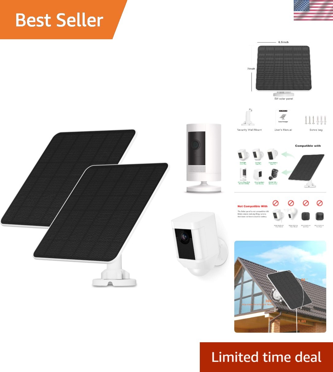 High-Efficiency 5W Solar Charger for Ring & Wyze Cameras, 2 Pack Included